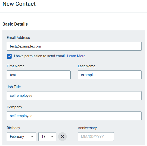 Constant Contact New Contact form with basic details and the I have permission to send email box checked