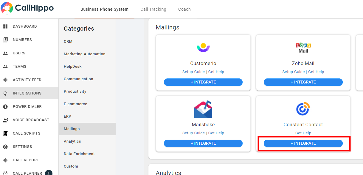 CallHippo Integrations Mailings section with the Constant Contact Integrate button highlighted