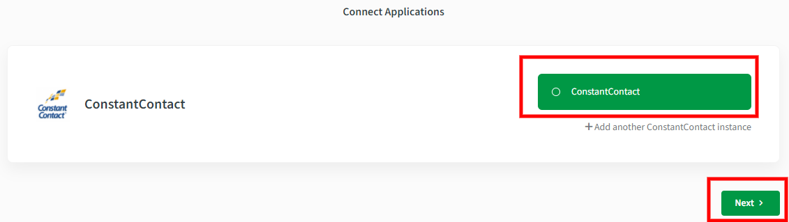 CallHippo setup showing ConstantContact connected with a Next button