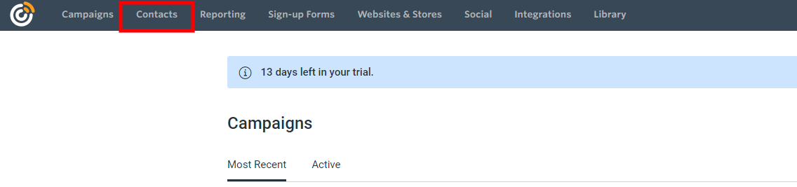 Constant Contact navigation with the Contacts tab highlighted