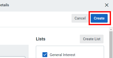 Constant Contact New Contact form with the Create button highlighted