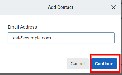 Constant Contact Add Contact popup with an email address entered and the Continue button