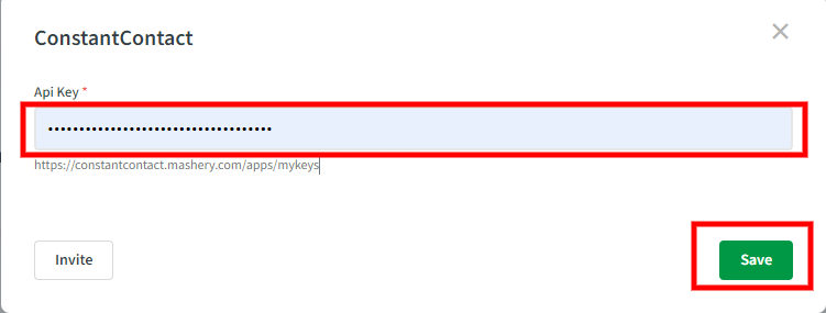 CallHippo ConstantContact popup with the API key entered and a Save button