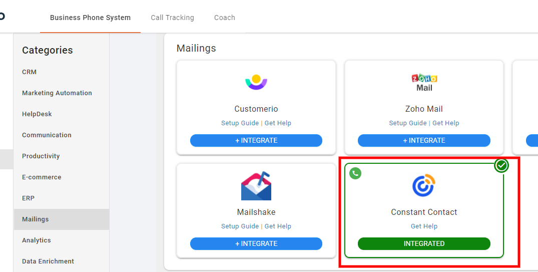 CallHippo Integrations grid showing Constant Contact marked as Integrated