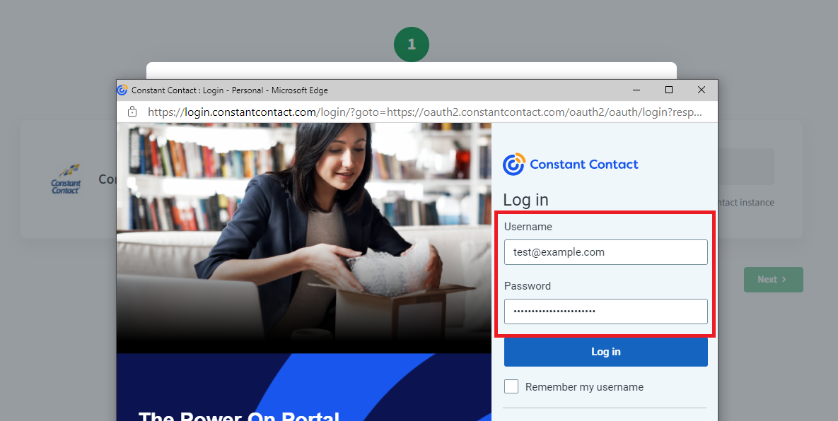 Constant Contact login window with username and password fields
