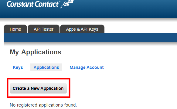 Constant Contact Mashery My Applications page with the Create a New Application button highlighted