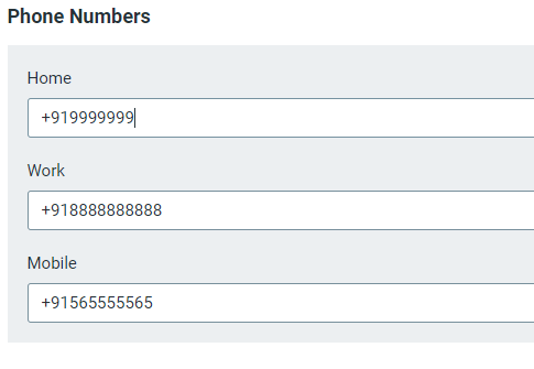 Constant Contact New Contact form with home, work, and mobile phone numbers entered