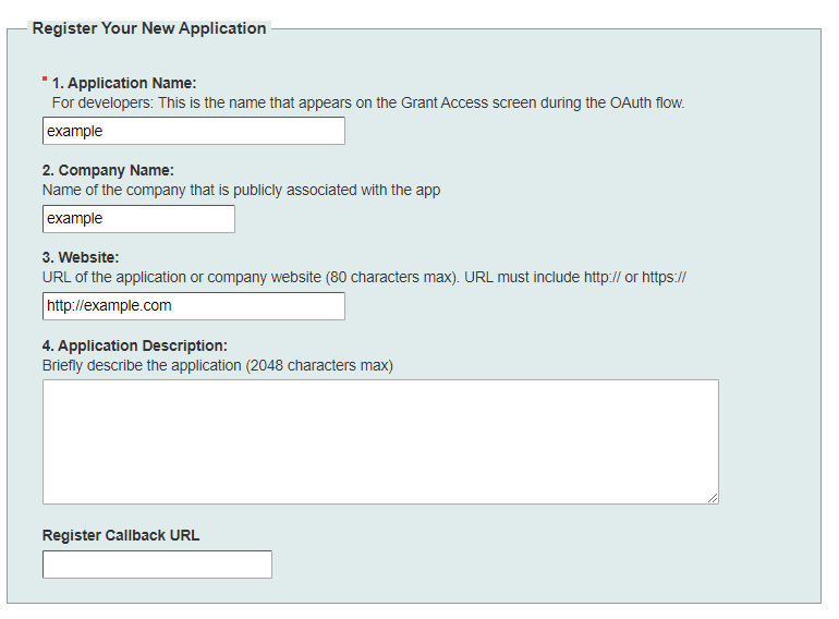 Constant Contact Register Your New Application form with application name, company name, and website fields