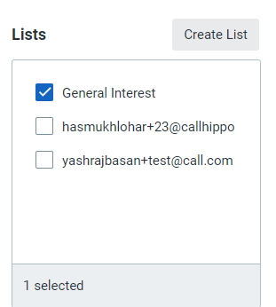 Constant Contact New Contact Lists panel with an email list selected