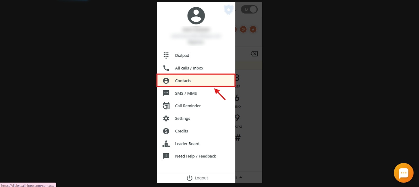 Dialer menu with the Contacts option highlighted
