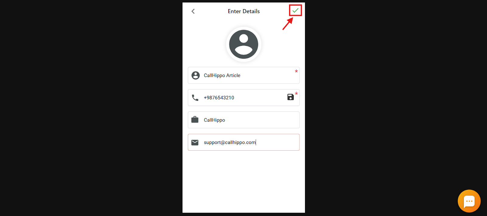 Filled contact form from a call log with the checkmark save icon highlighted