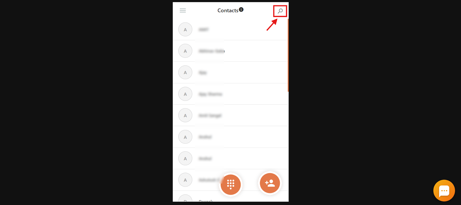 Contacts list with the search icon highlighted in the top right