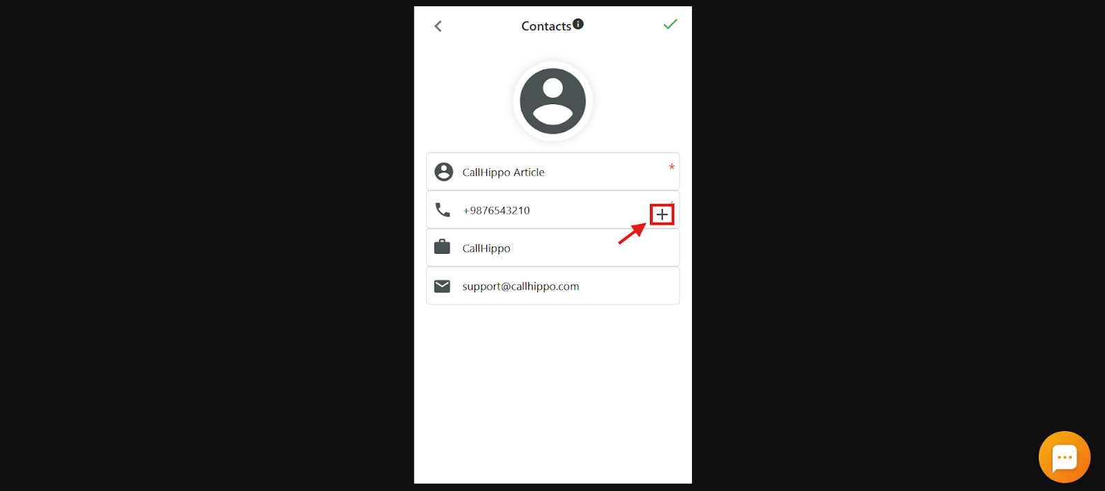 Contact edit screen with the plus icon to add another phone number highlighted