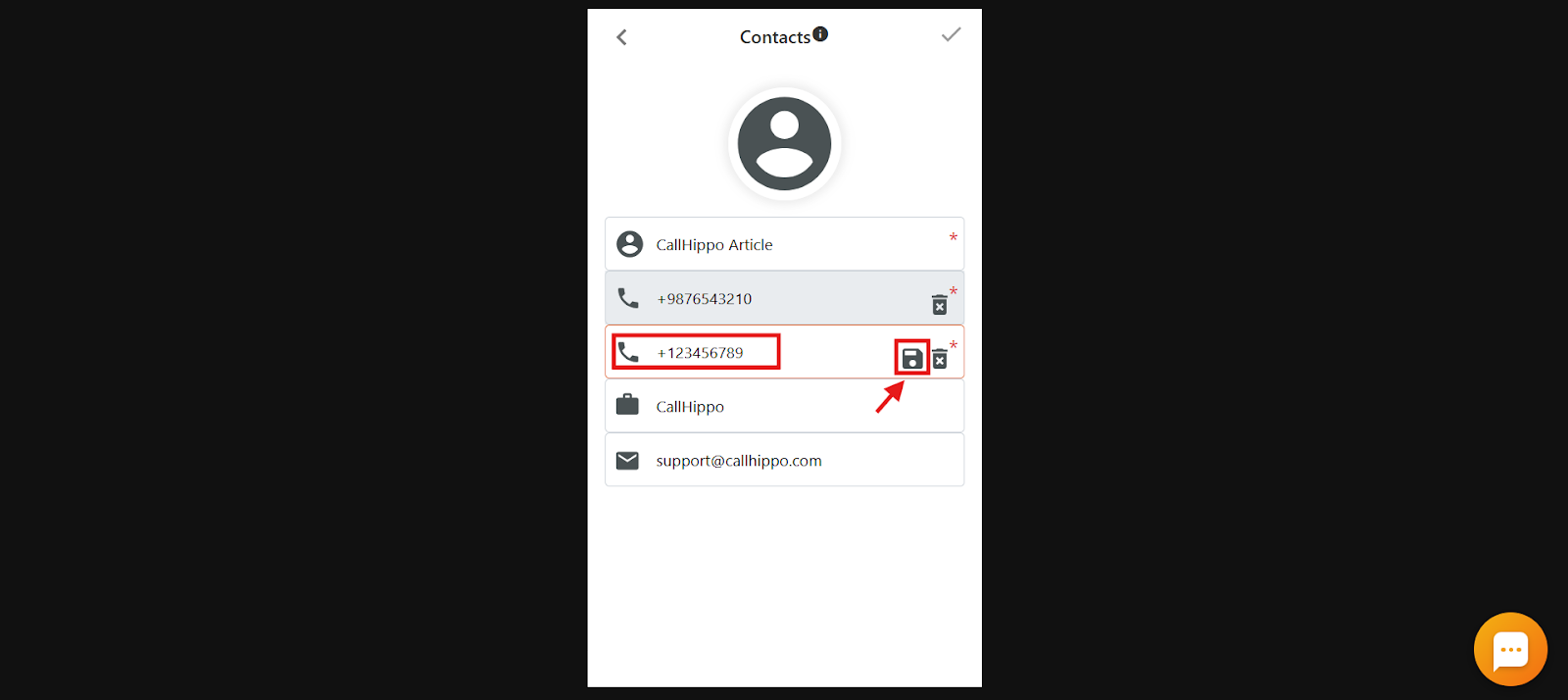 Contact edit screen with a second number entered and the save icon highlighted