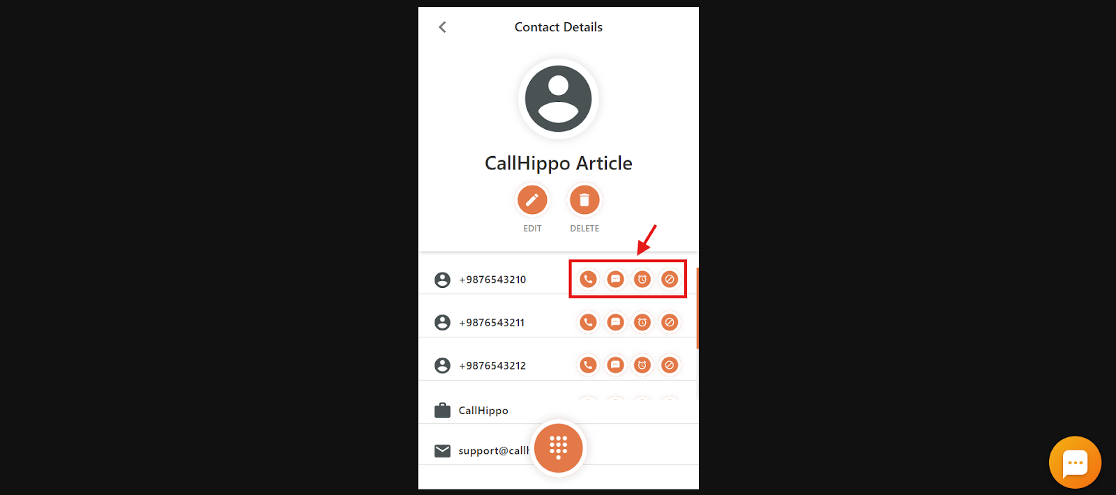 Contact Details with call, SMS, reminder and DNC action icons highlighted