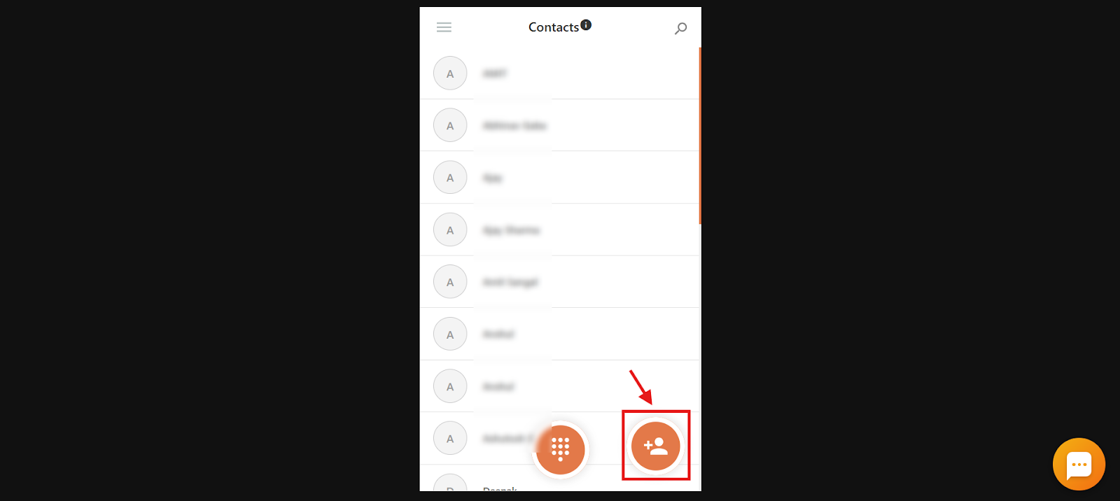 Contacts list with the add contact icon highlighted