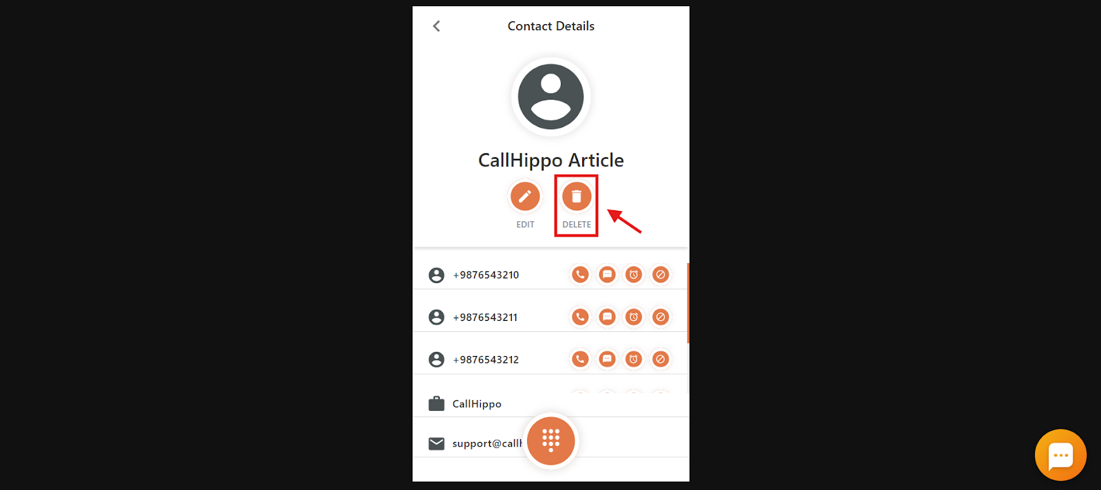Contact Details view with the Delete icon highlighted