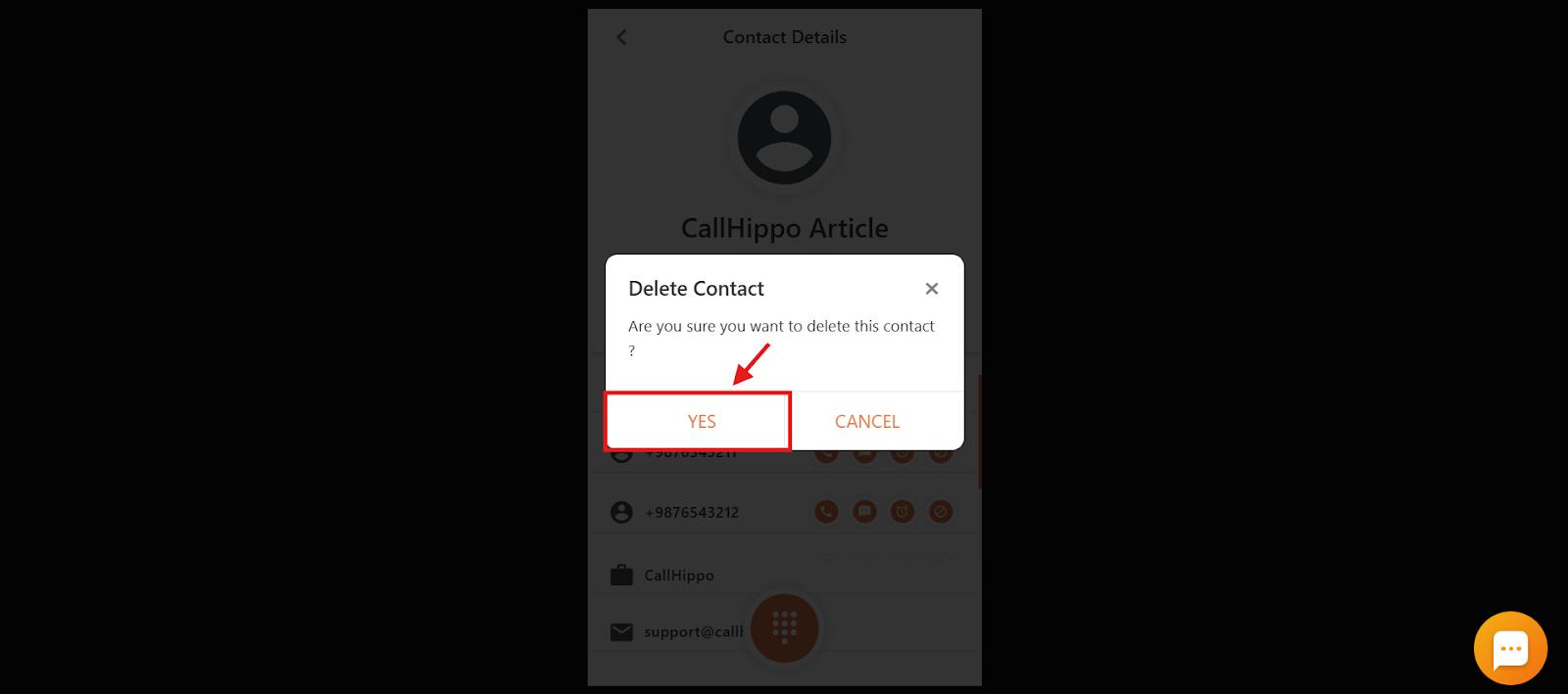 Delete Contact confirmation dialog with the Yes button highlighted