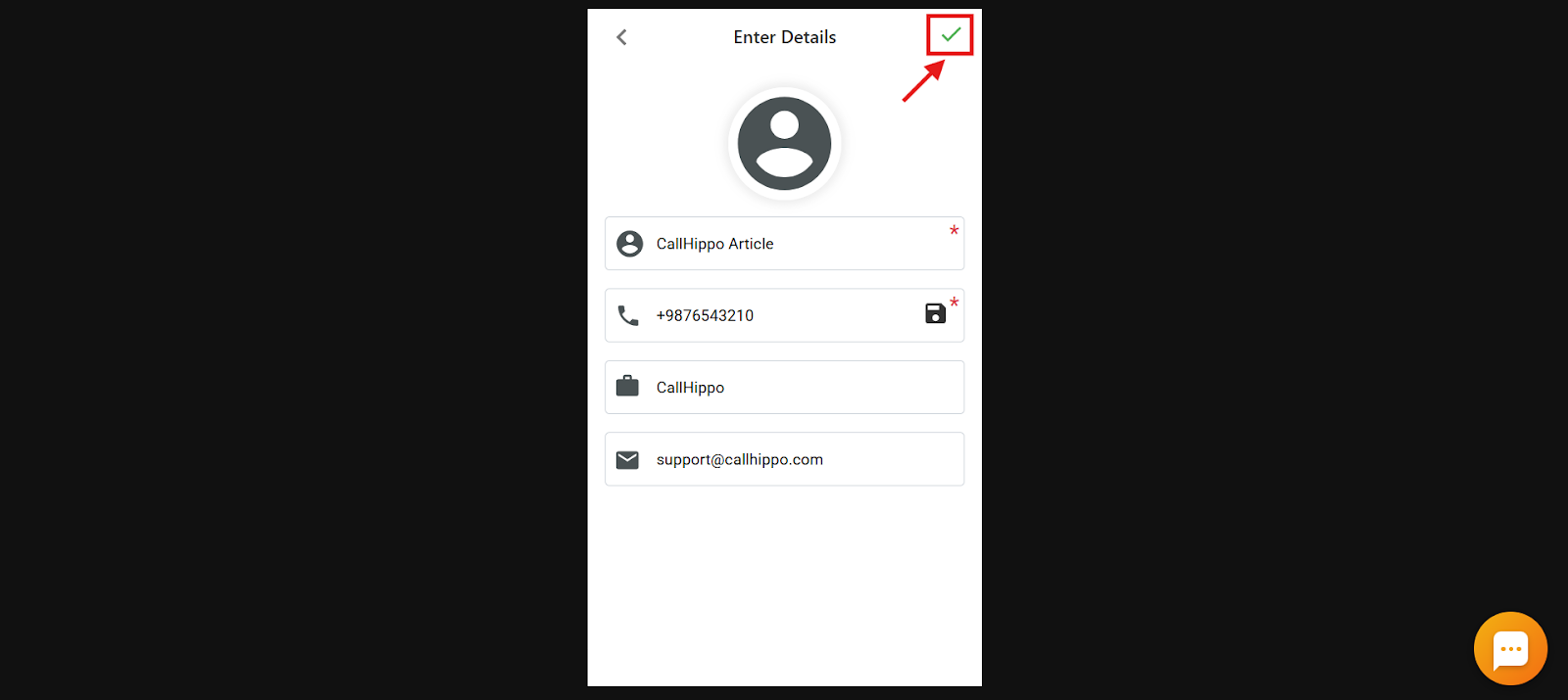 Filled contact form with the checkmark save icon highlighted in the top right