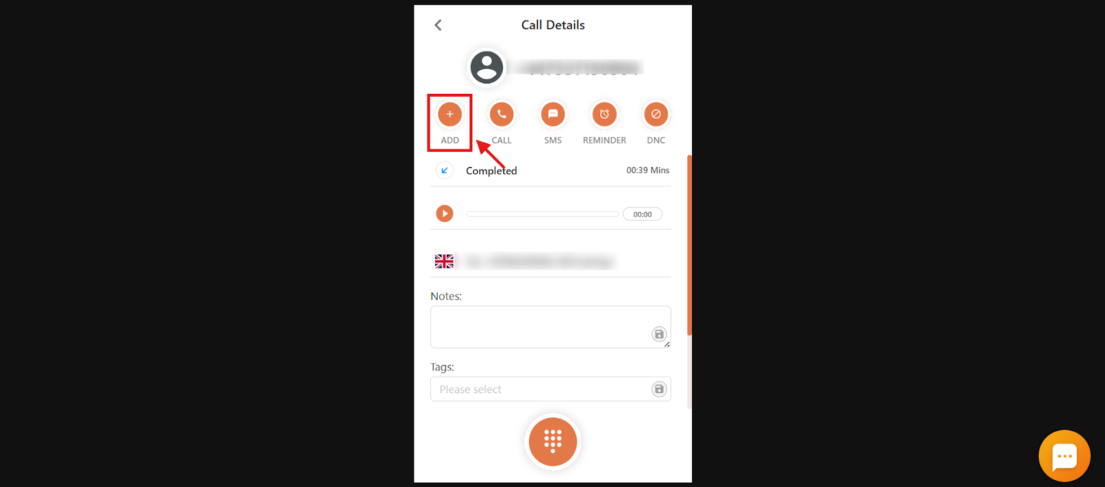 Call Details screen with the Add option highlighted