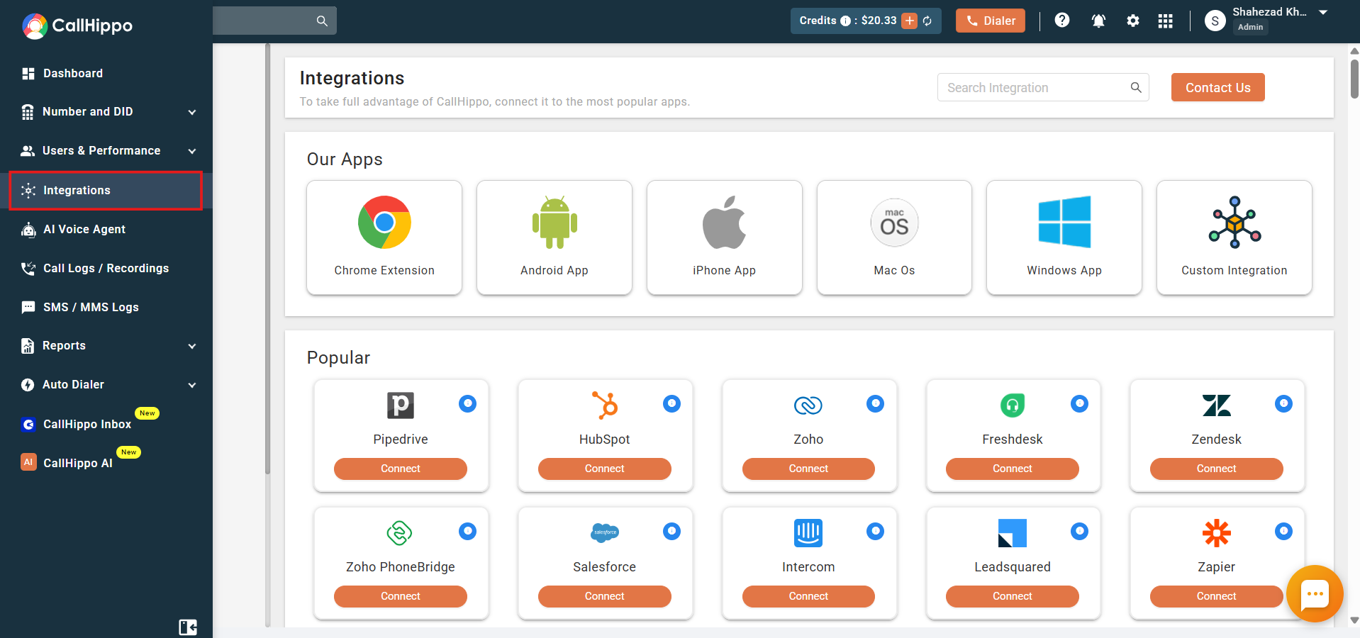 CallHippo dashboard with the Integrations menu highlighted
