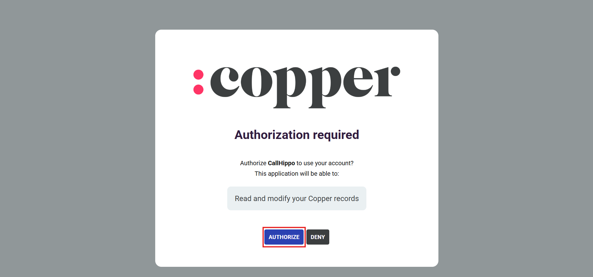 Copper authorization required screen with the Authorize button to grant CallHippo access