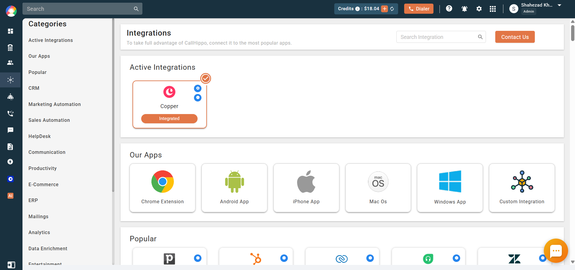CallHippo Active Integrations showing Copper with an Integrated status