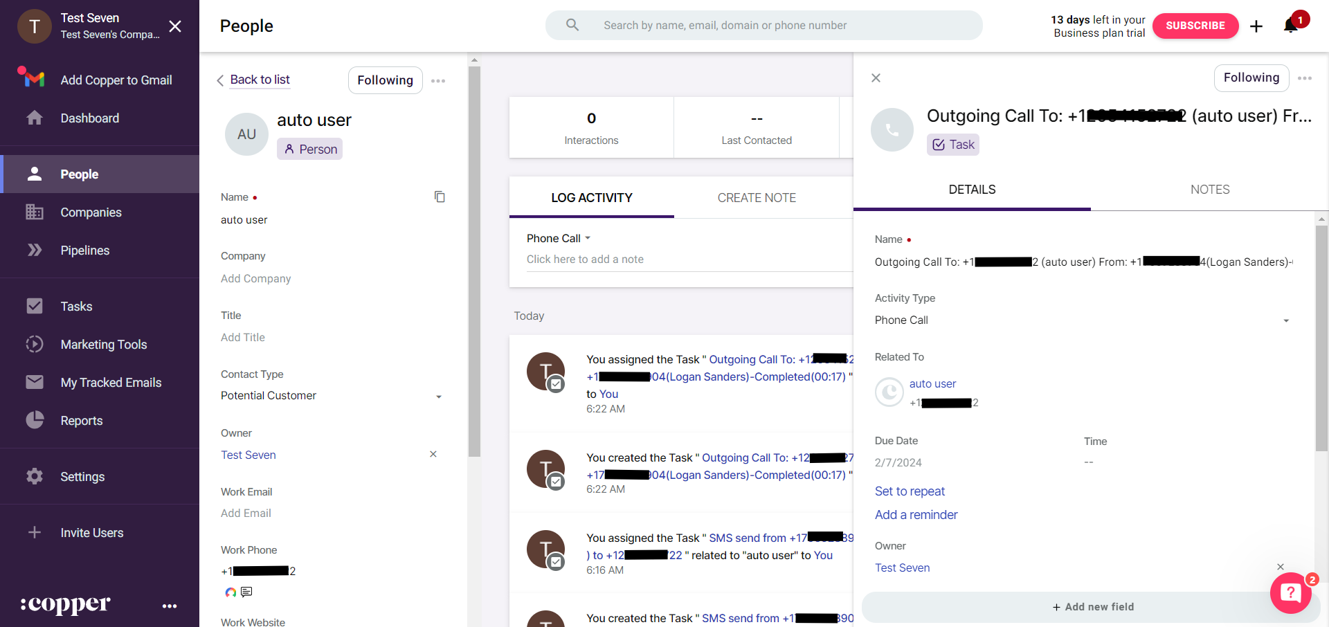 Copper contact detail page showing a CallHippo call activity logged as a task