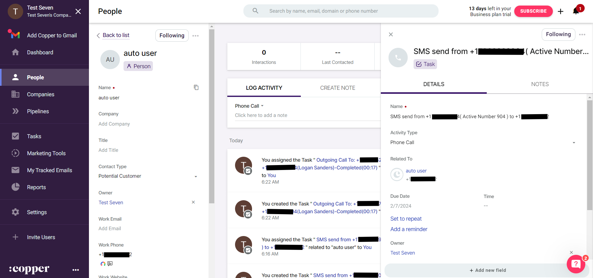 Copper contact detail page showing a CallHippo SMS activity logged as a task