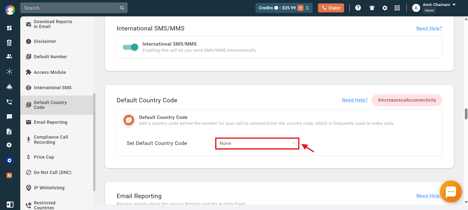 Set Default Country Code dropdown menu set to None