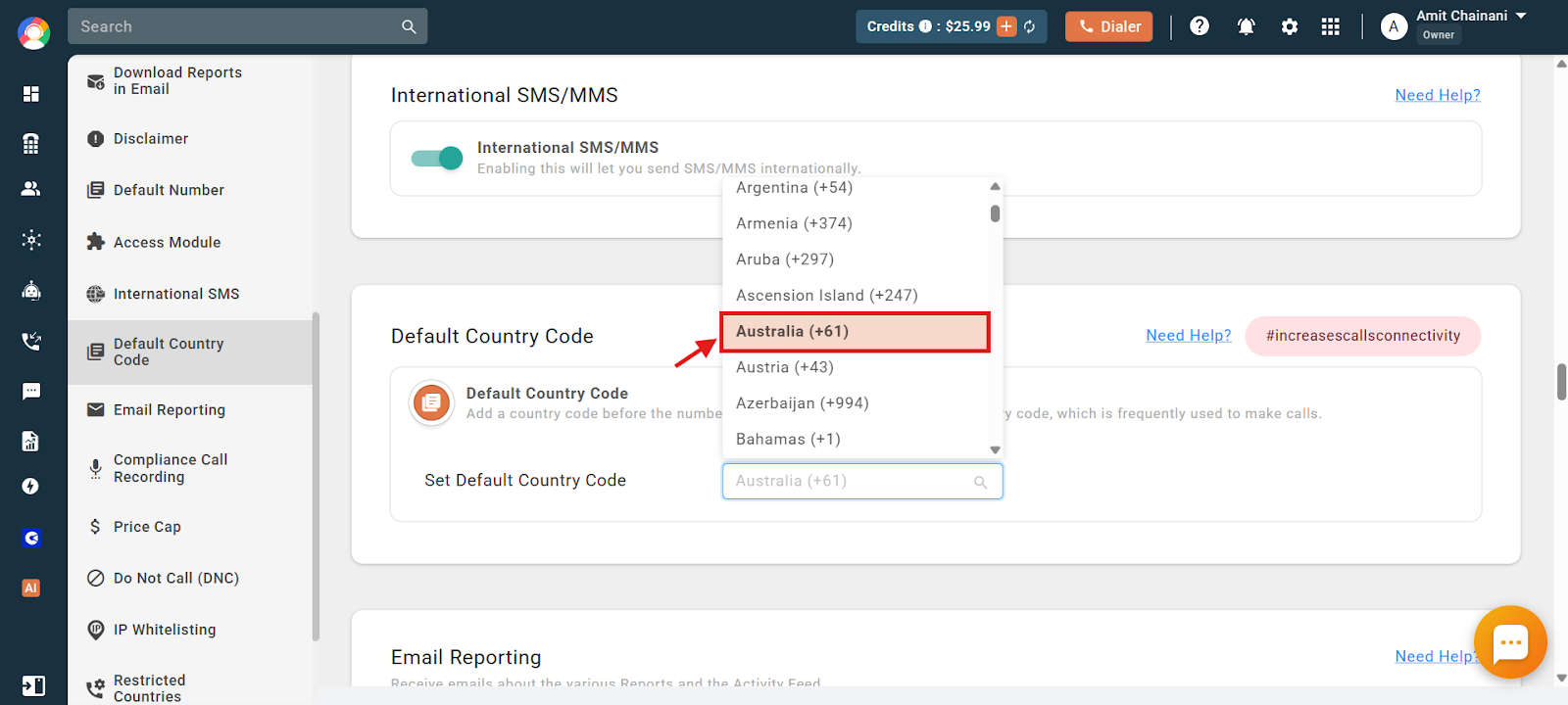 Selecting Australia (+61) from the Default Country Code dropdown