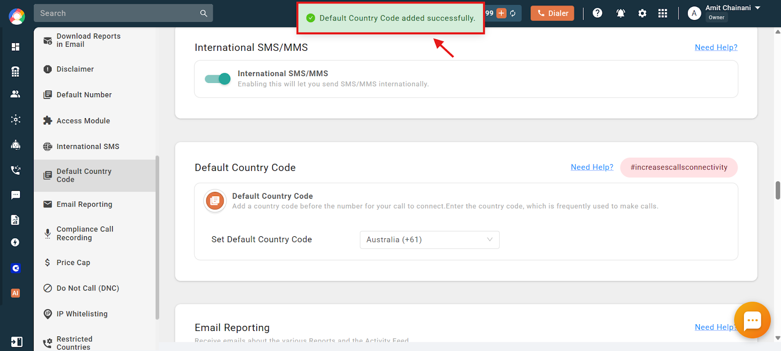 Confirmation message reading Default Country Code added successfully