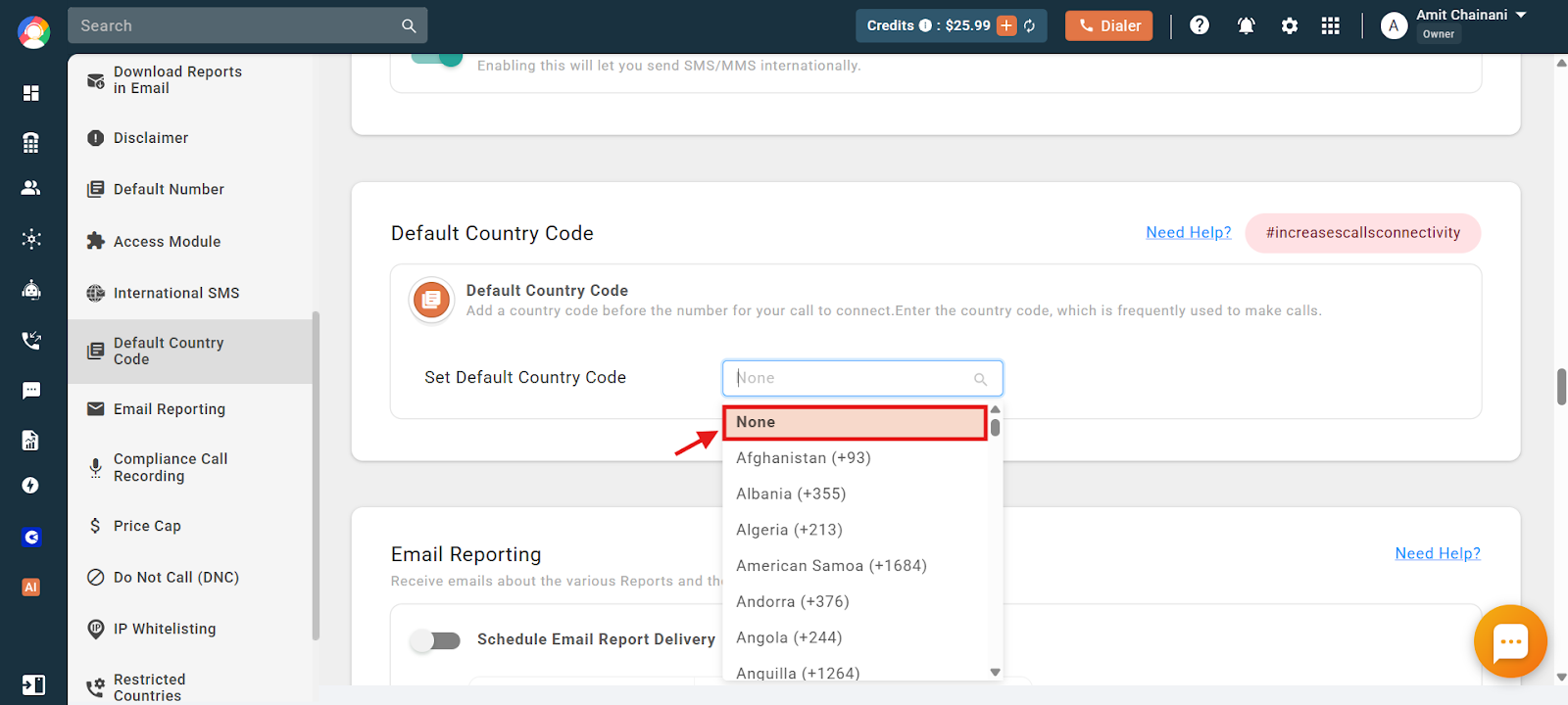 Selecting None at the top of the dropdown to deselect a default country code