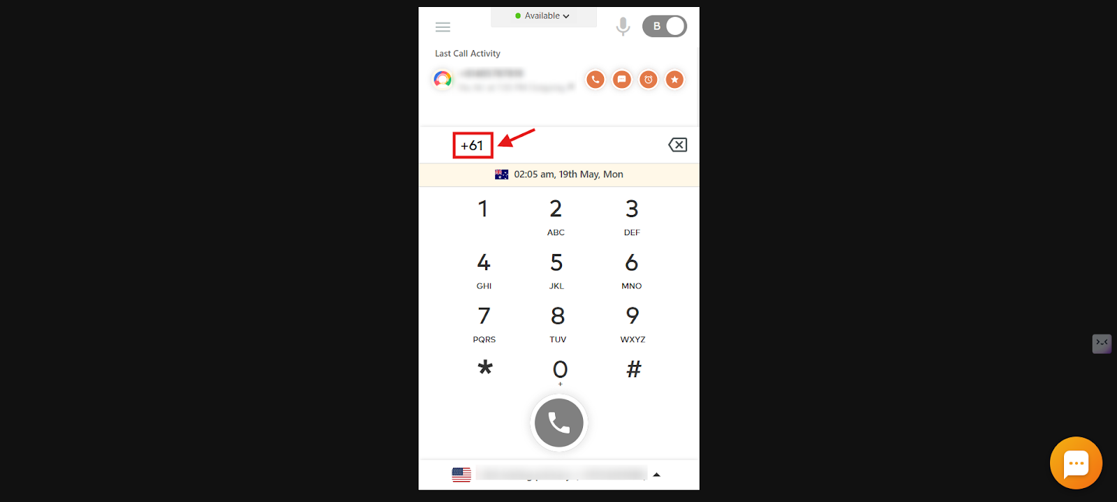 CallHippo dialer showing the default country code plus 61 automatically entered