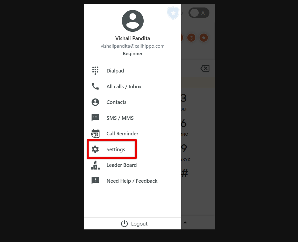 Settings option highlighted in the CallHippo dialer left-hand menu