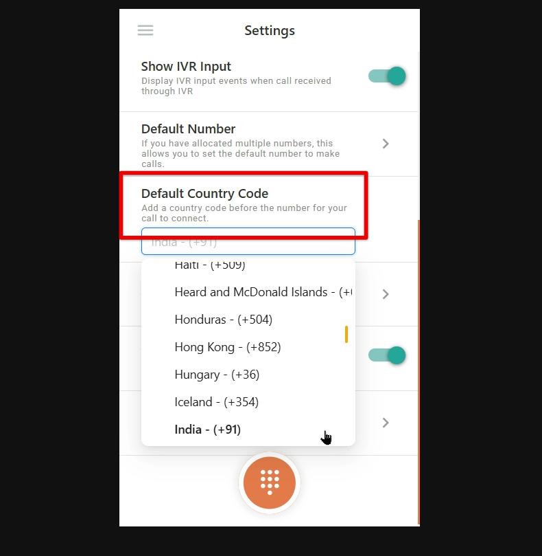 Default Country Code field in the Dialer Settings with the country dropdown open
