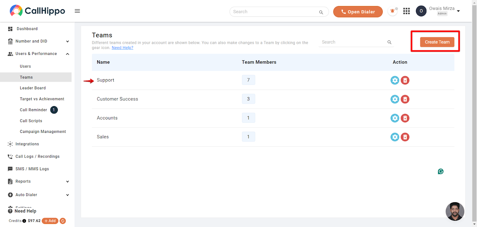 CallHippo Teams page with the Create Team button highlighted