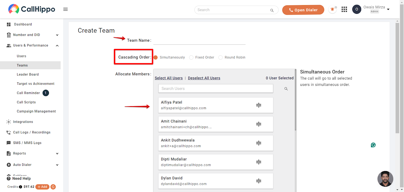 Create Team form with Team Name field, Cascading Order options and member list