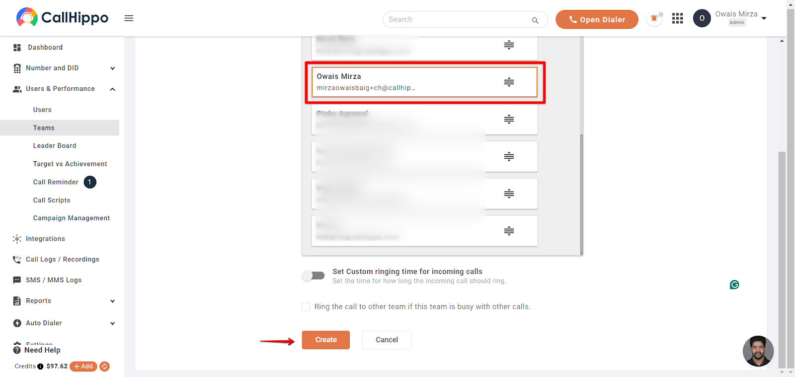 Create Team form with members selected and the Create button highlighted