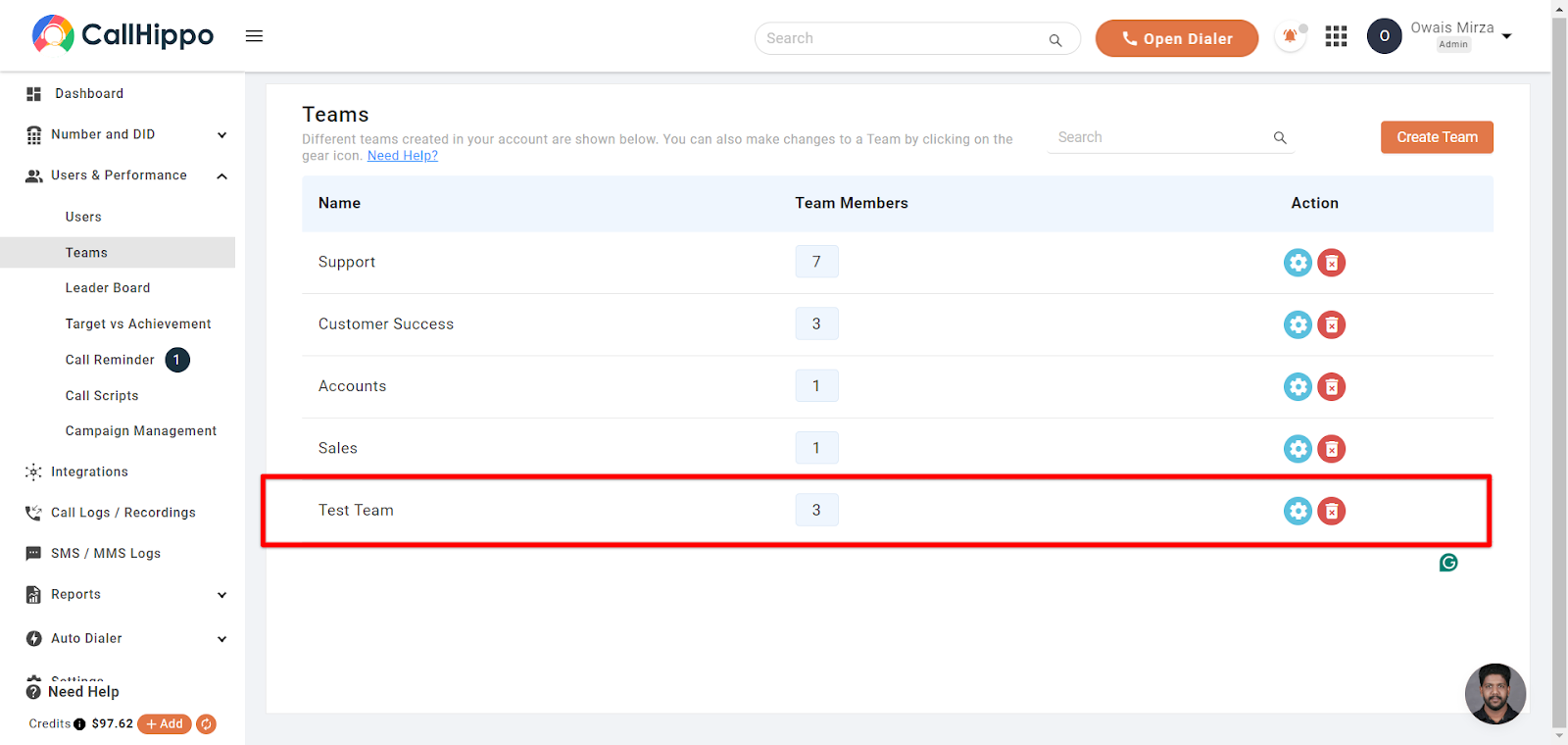 CallHippo Teams list showing the newly created team