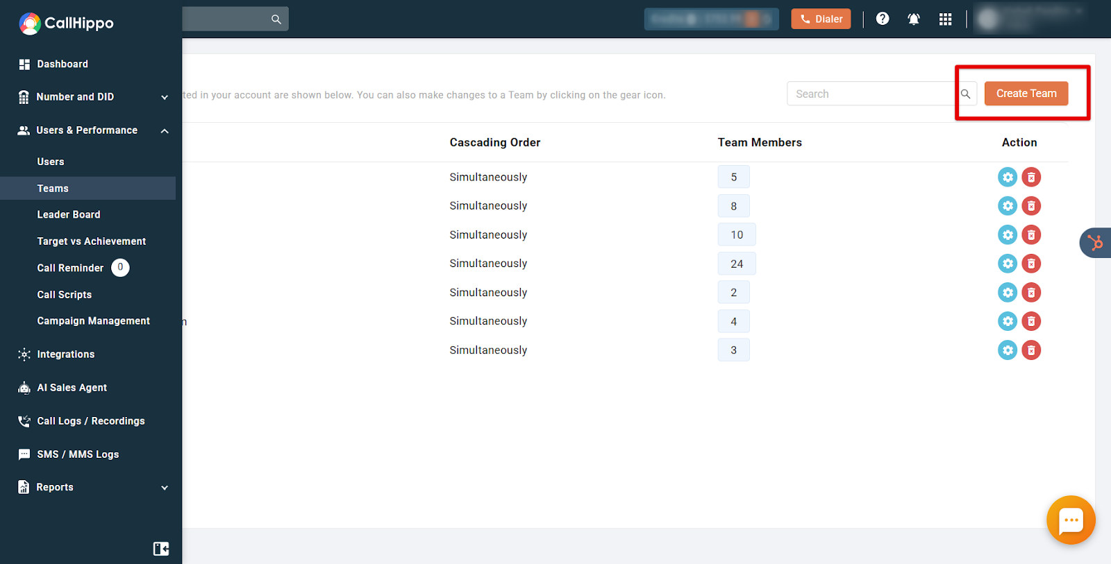 CallHippo Teams list with the Create Team button highlighted in the top right