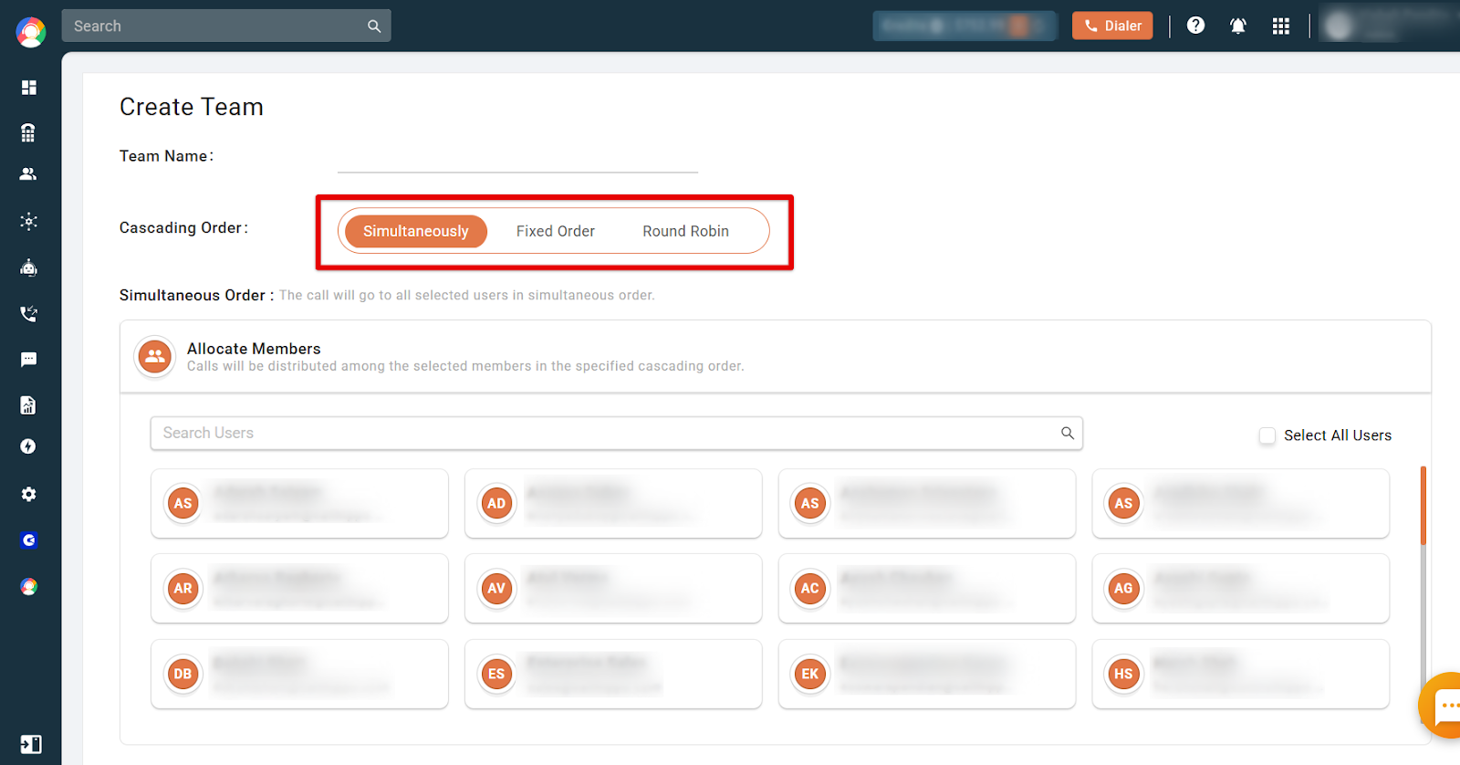 Create Team form showing Simultaneously, Fixed Order and Round Robin cascading order options highlighted