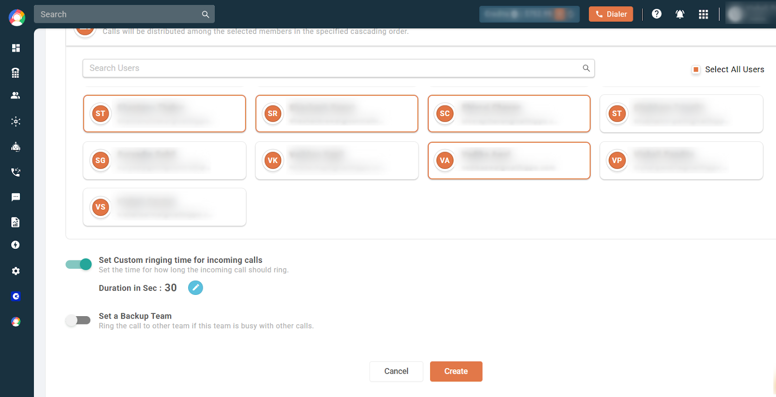 Allocate Members section with custom ringing time and backup team toggles and the Create button