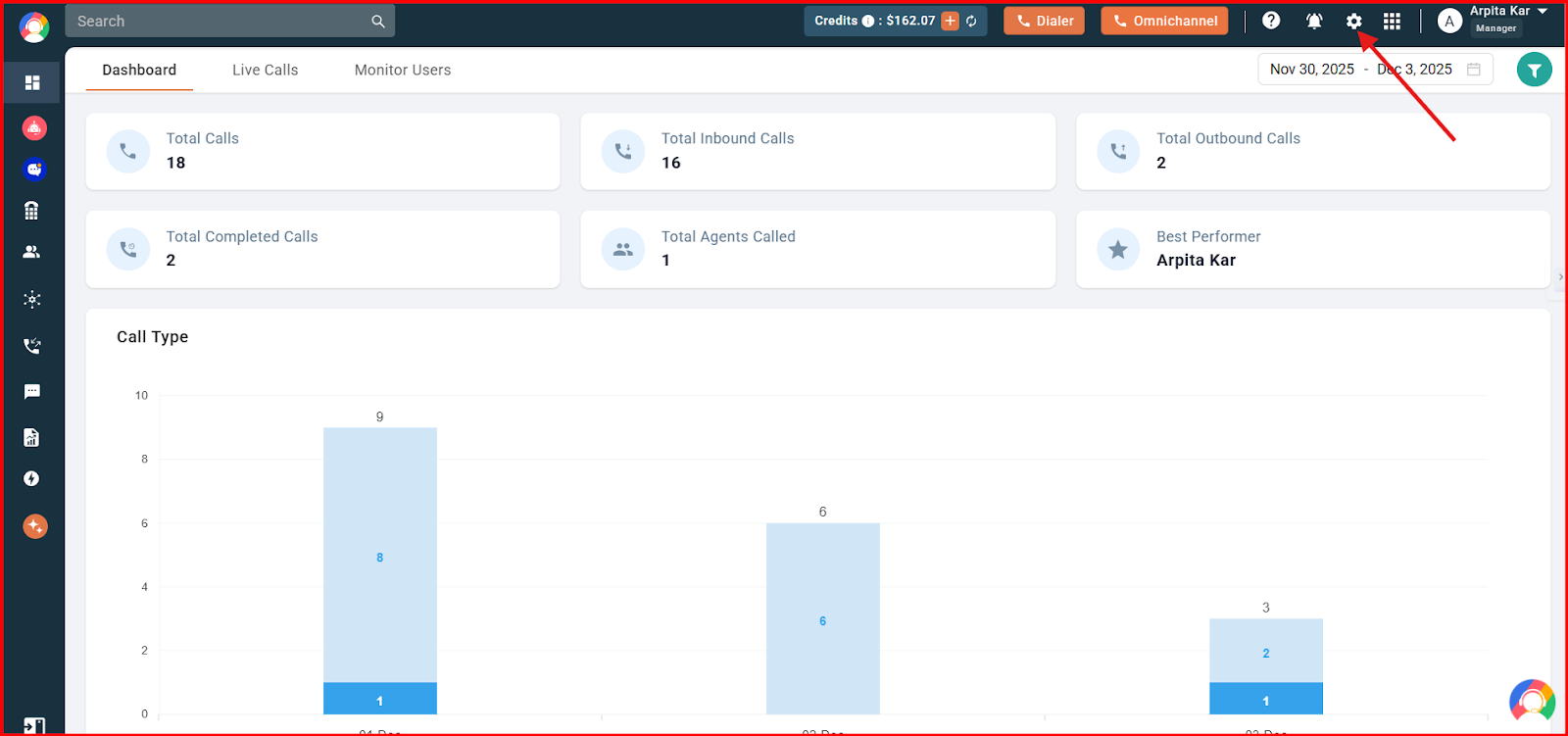CallHippo dashboard with an arrow pointing to the settings gear icon in the top-right corner