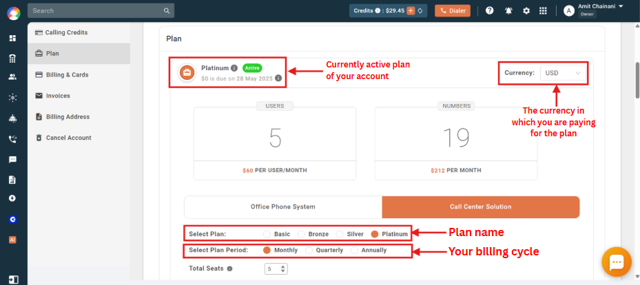 Plan screen showing the active plan name, currency, seats, plan period and billing cycle