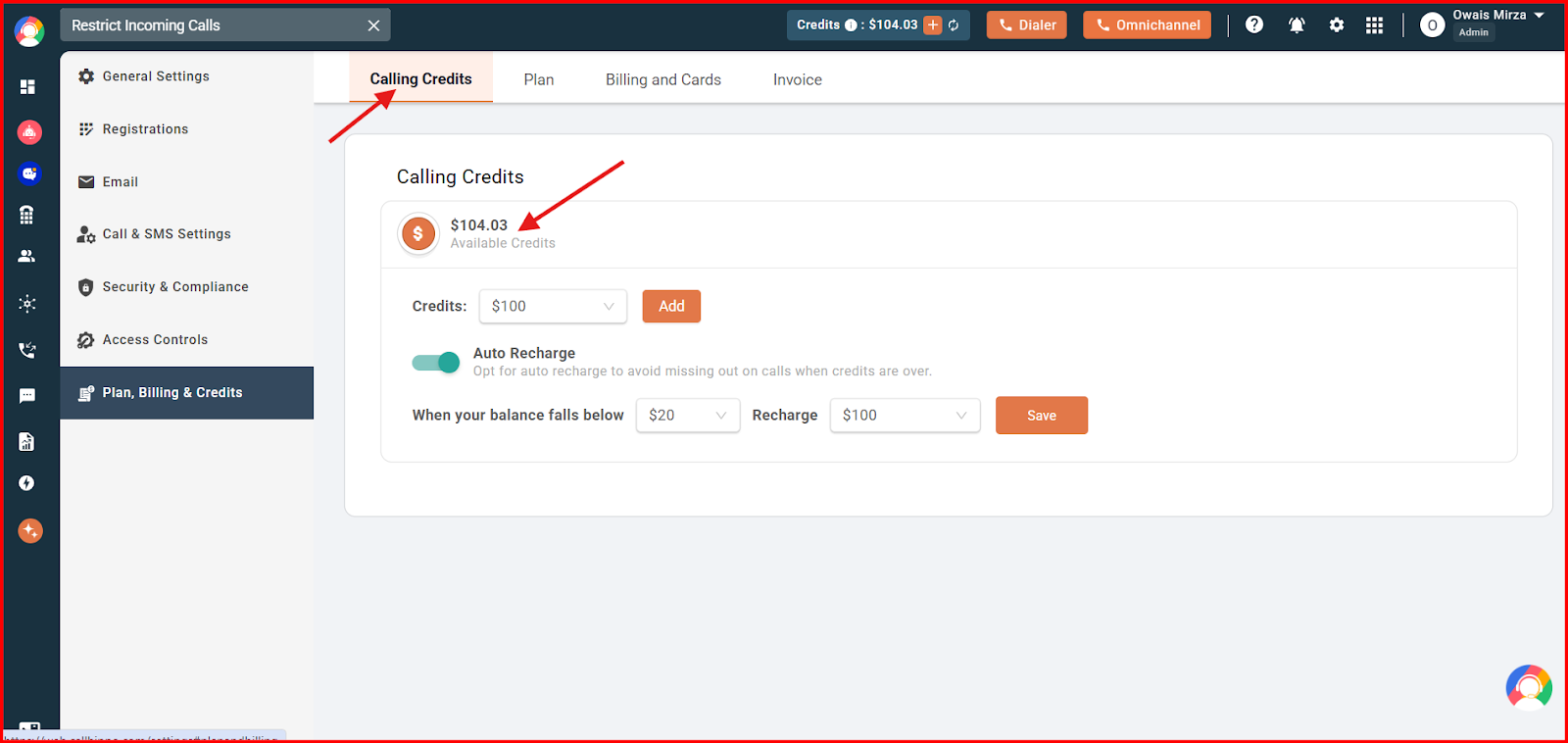 Calling Credits tab showing available credits, add credits option and auto recharge settings