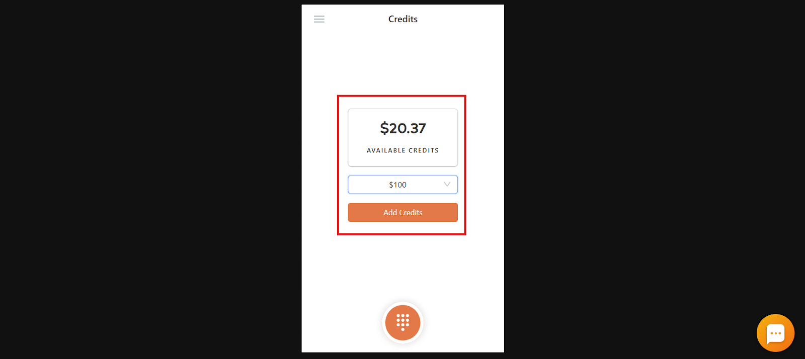 CallHippo Dialer Credits screen showing the available credits balance
