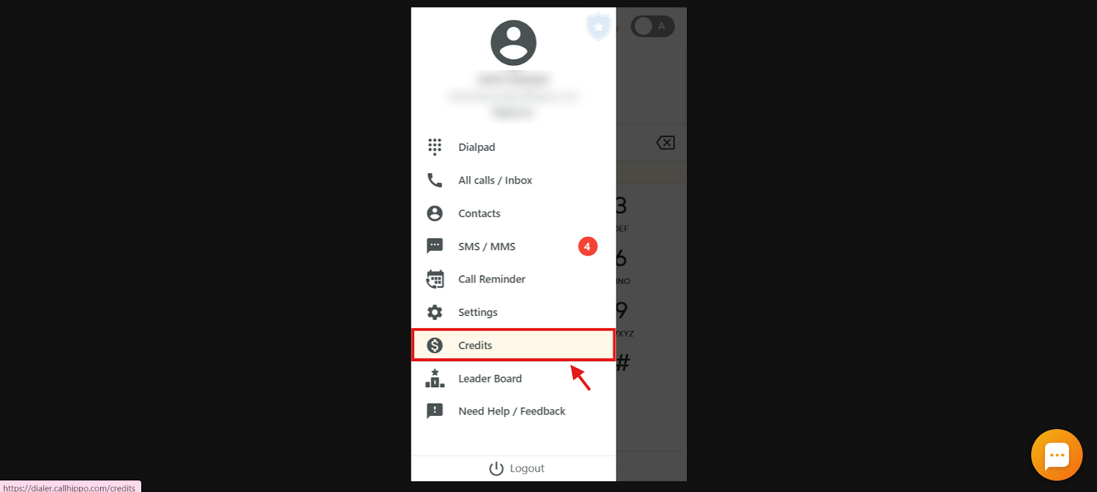 CallHippo Dialer menu with the Credits option highlighted