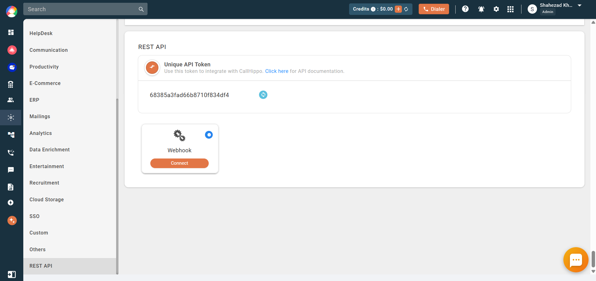 CallHippo Integrations REST API page showing the Webhook card with a Connect button