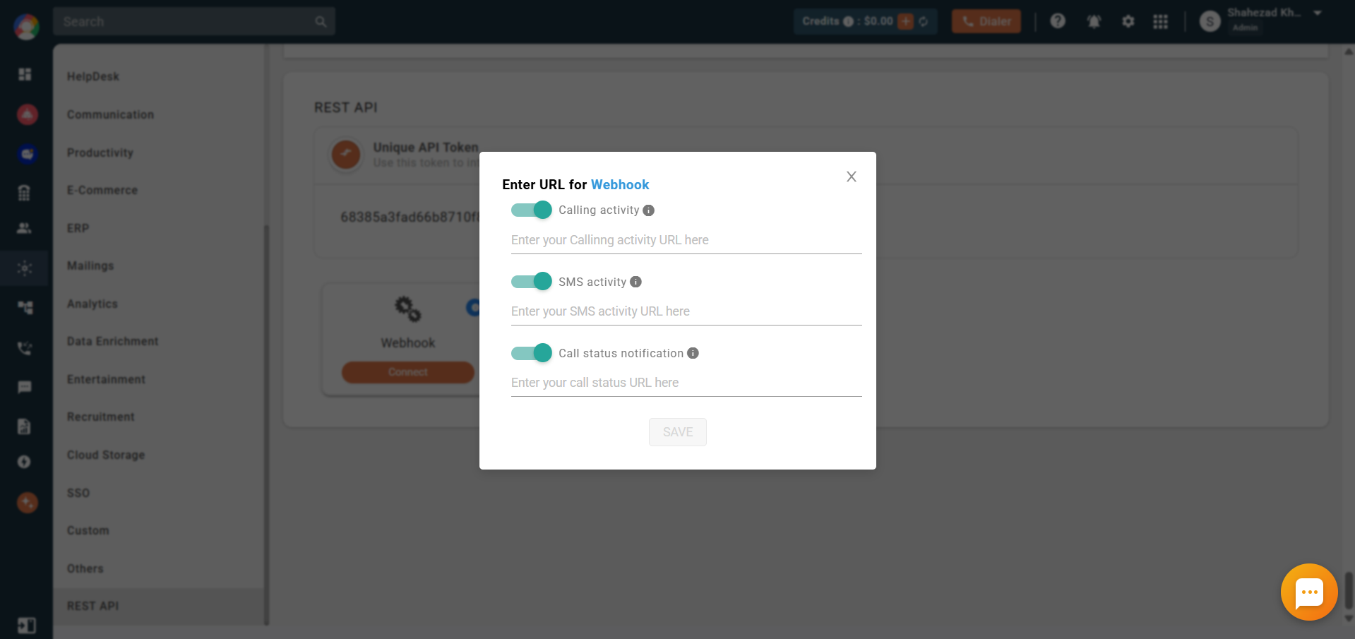 Enter URL for Webhook popup with toggles for Calling activity, SMS activity, and Call status notification